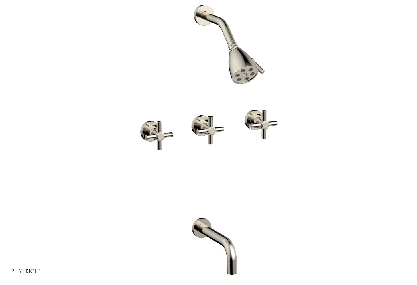 Phylrich BASIC Three Handle Tub and Shower Set 7 1/2" Spout - Tubular Cross Handles