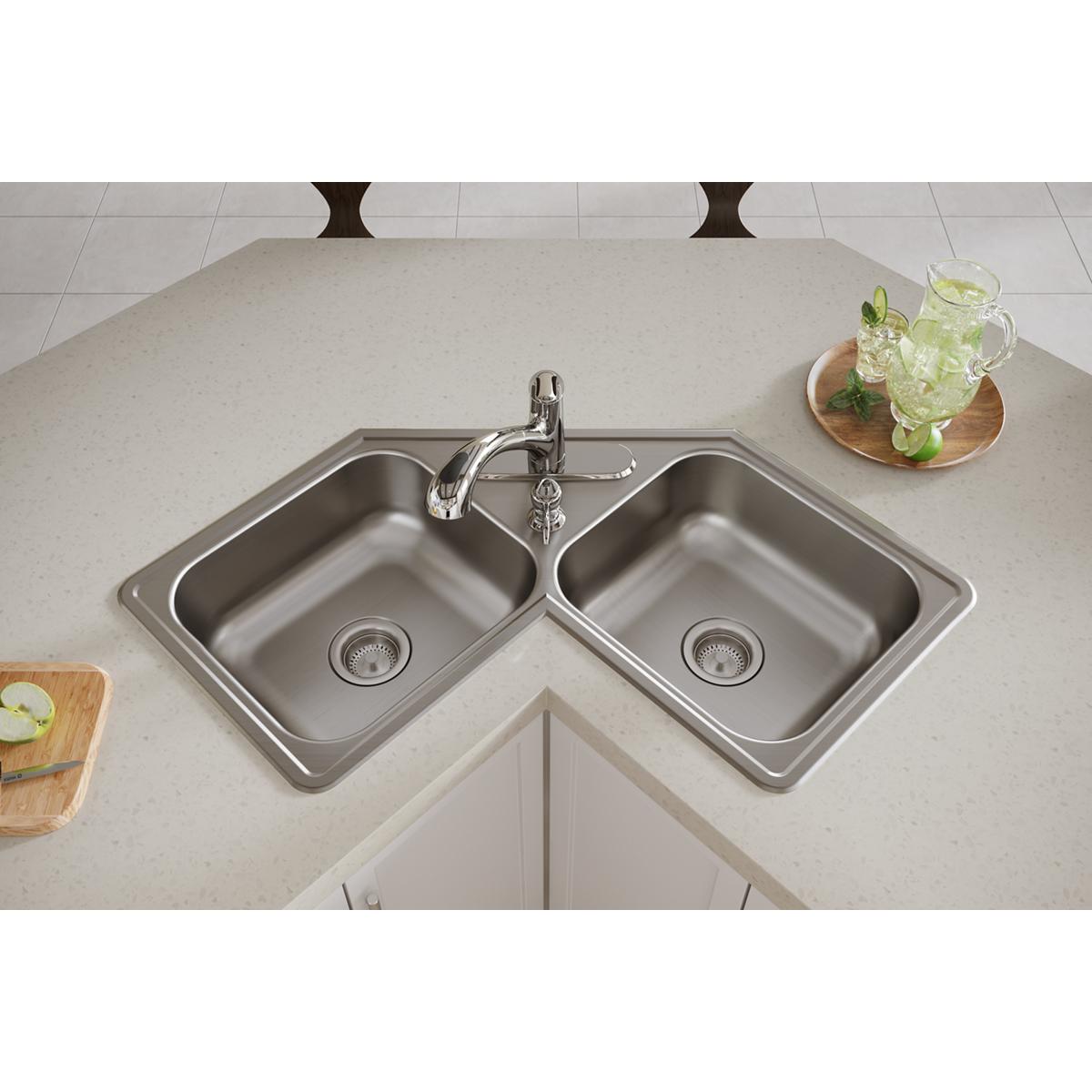 elite satin equal double bowl corner sink