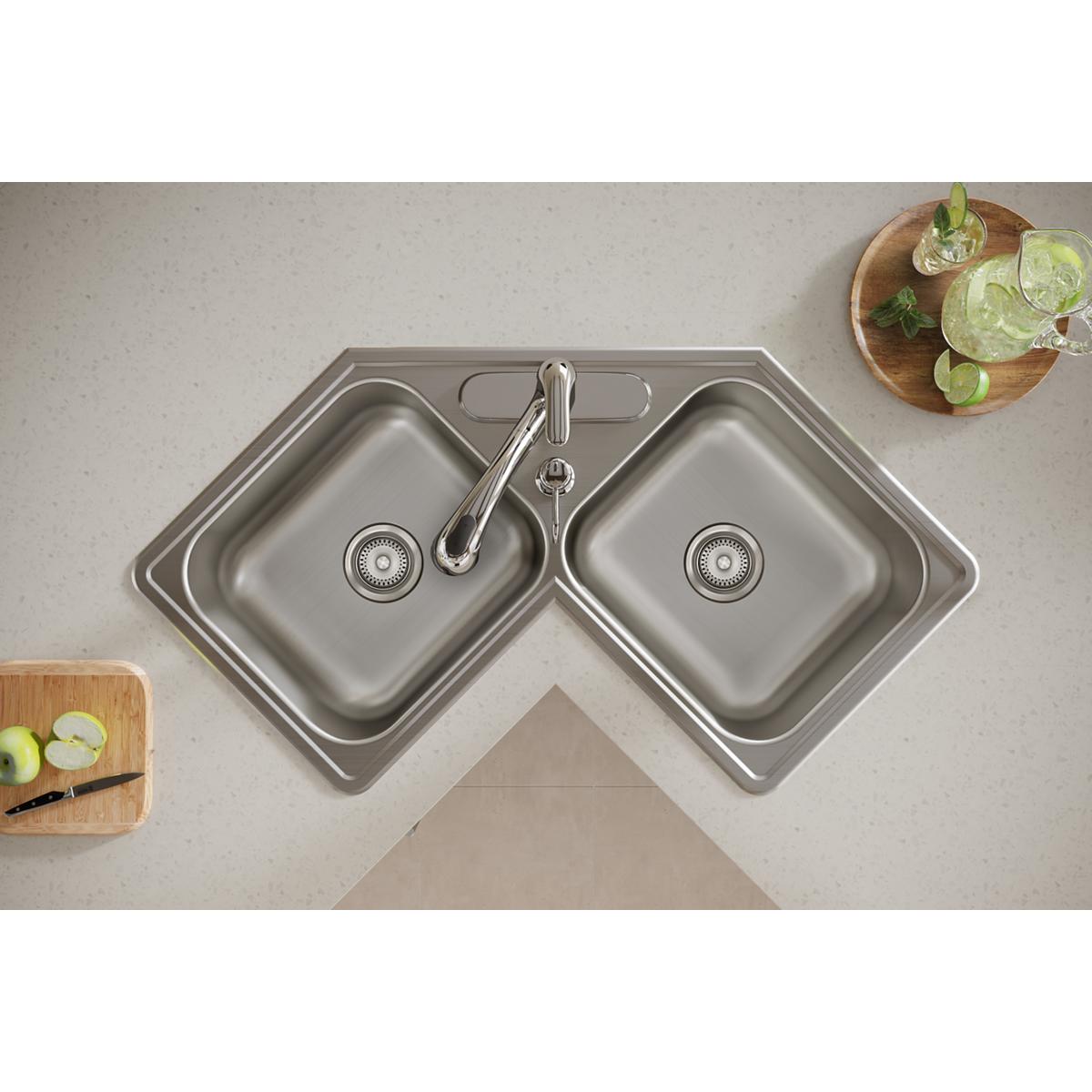 elite satin equal double bowl corner sink
