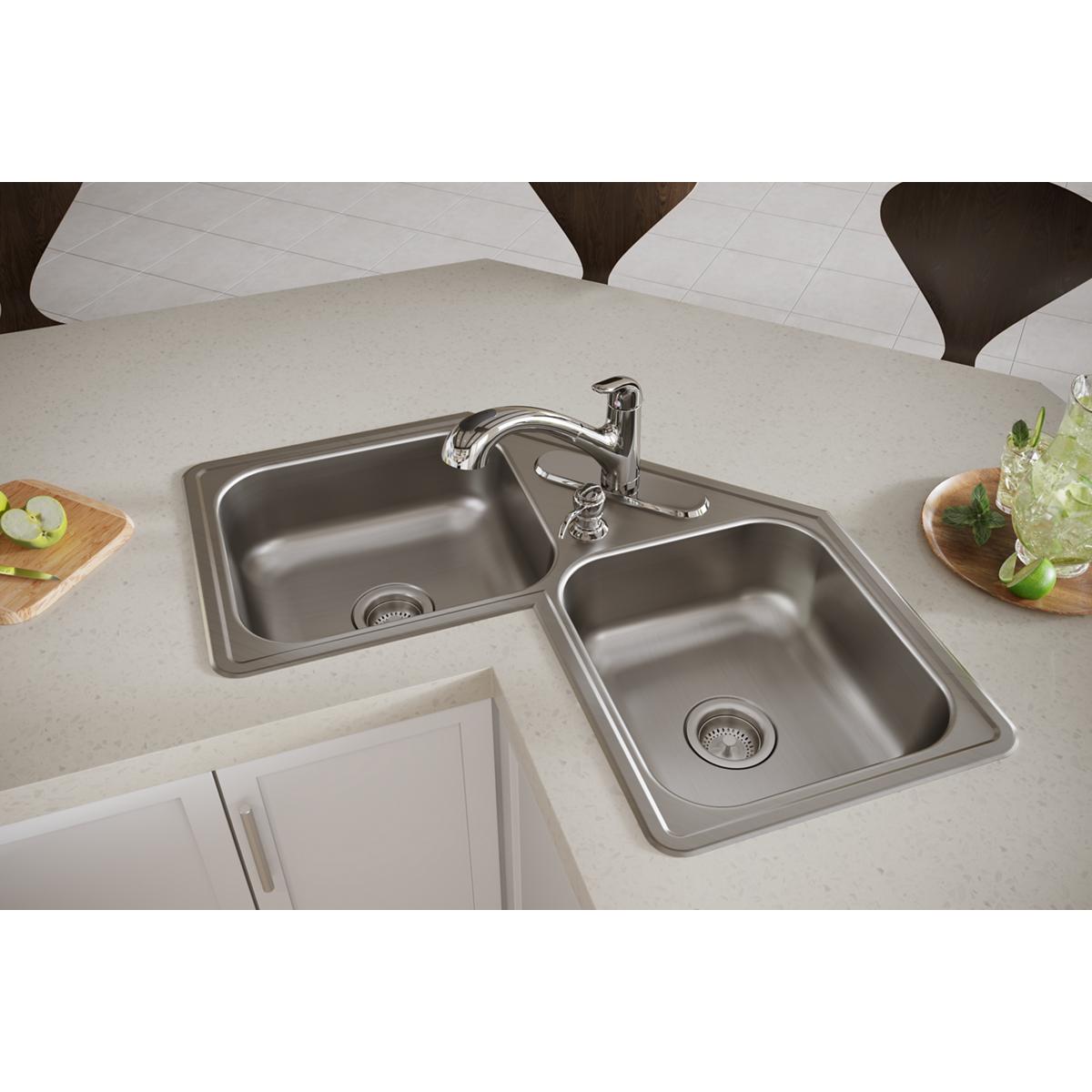 elite satin equal double bowl corner sink