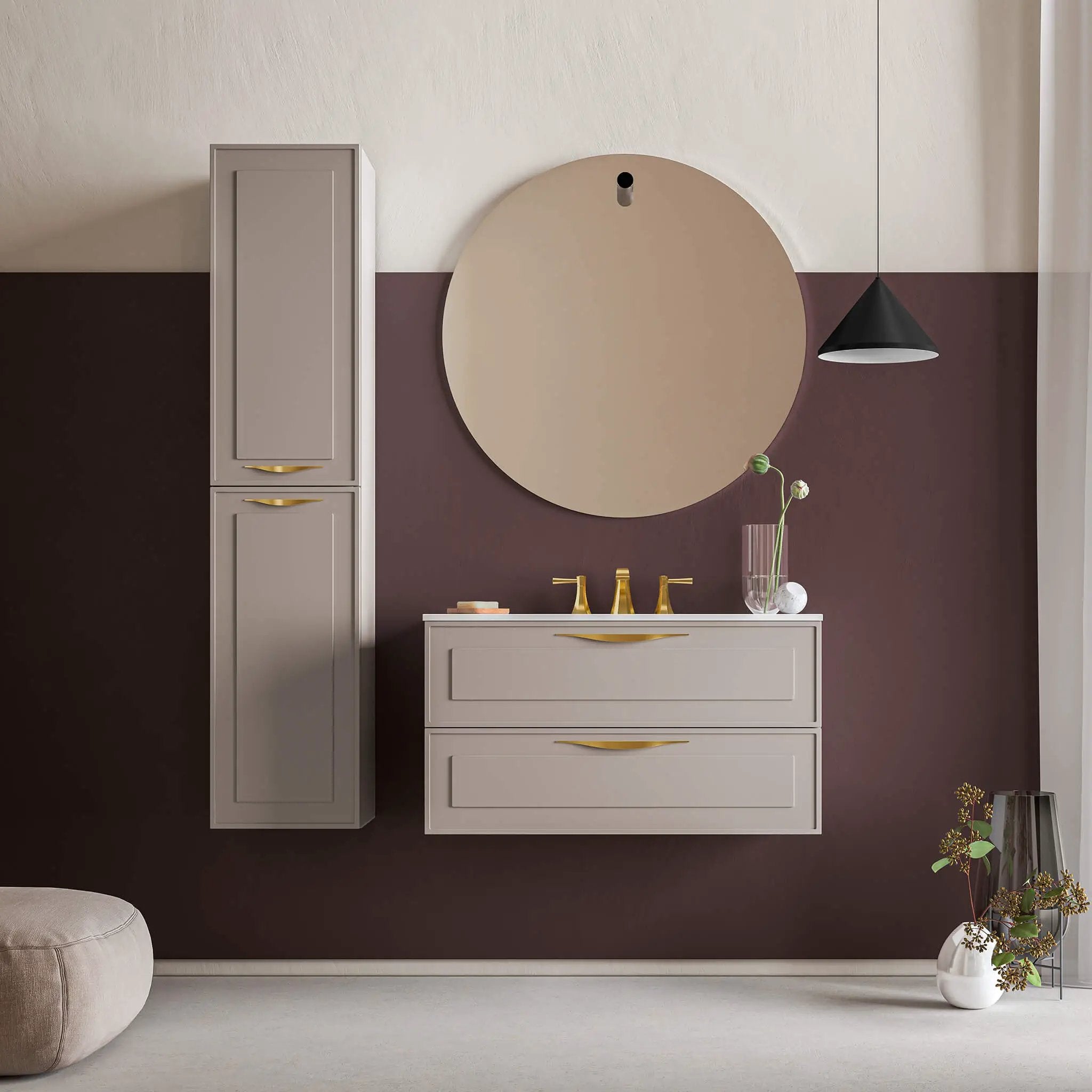 warm grey matte linen cabinet