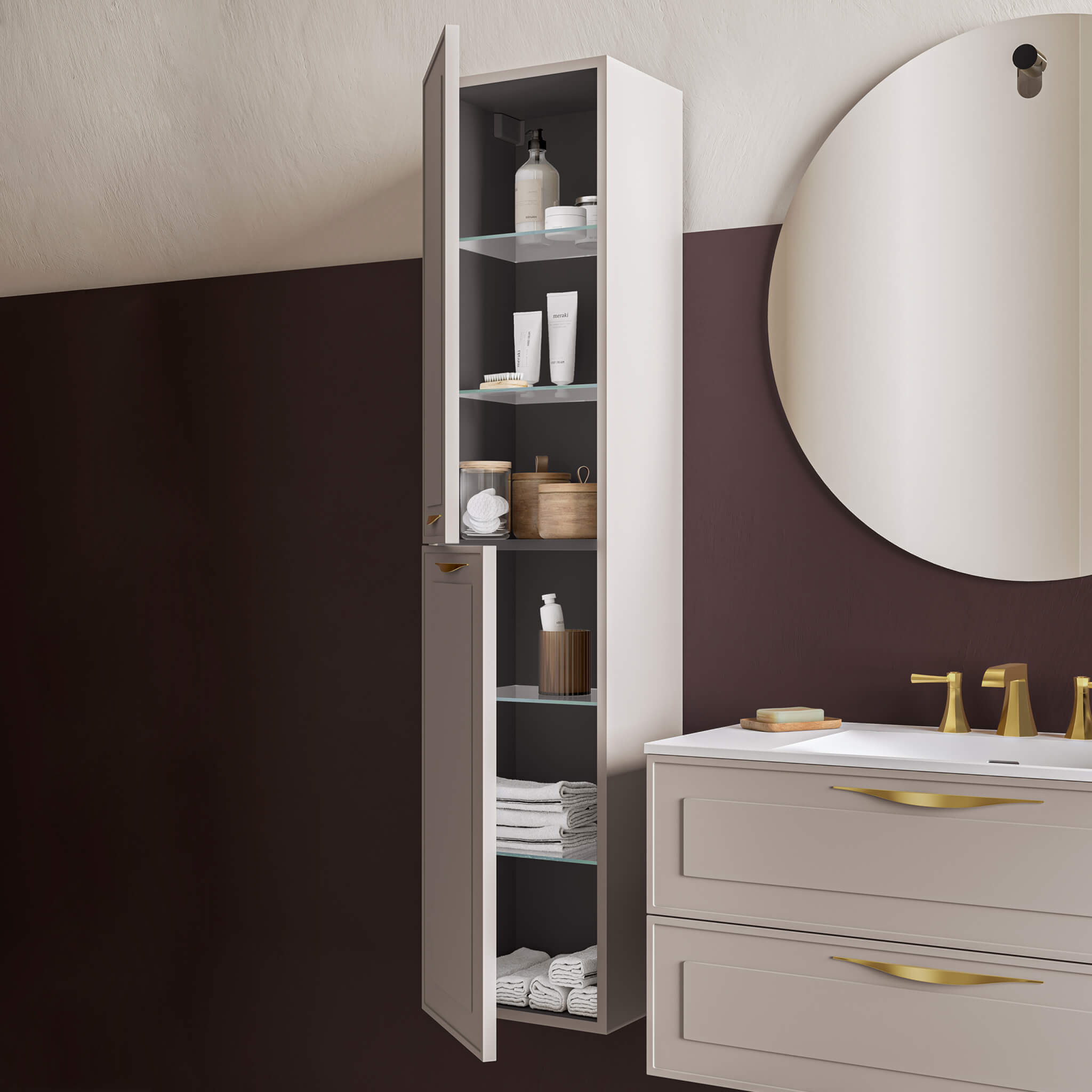 warm grey matte linen cabinet