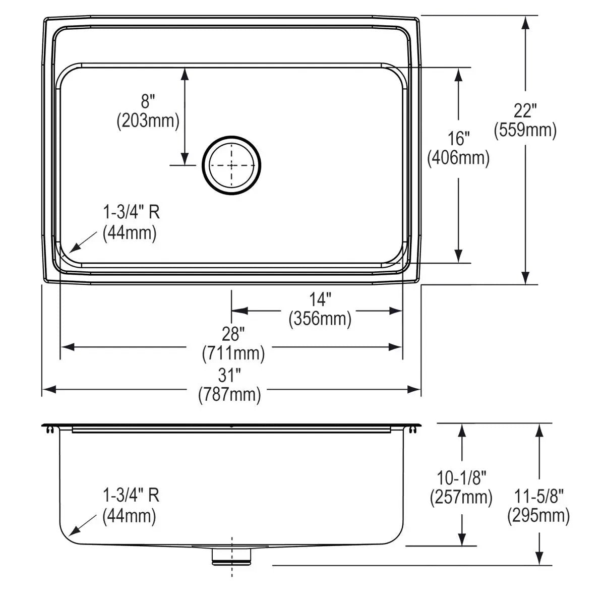 lustrous satin single bowl drop-in sink