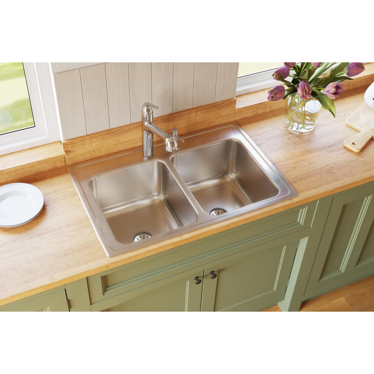 lustrous satin equal double bowl drop-in sink