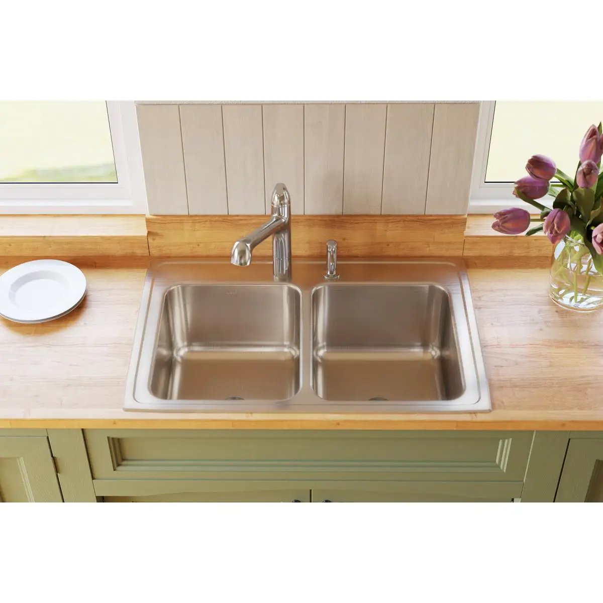 lustrous satin equal double bowl drop-in sink