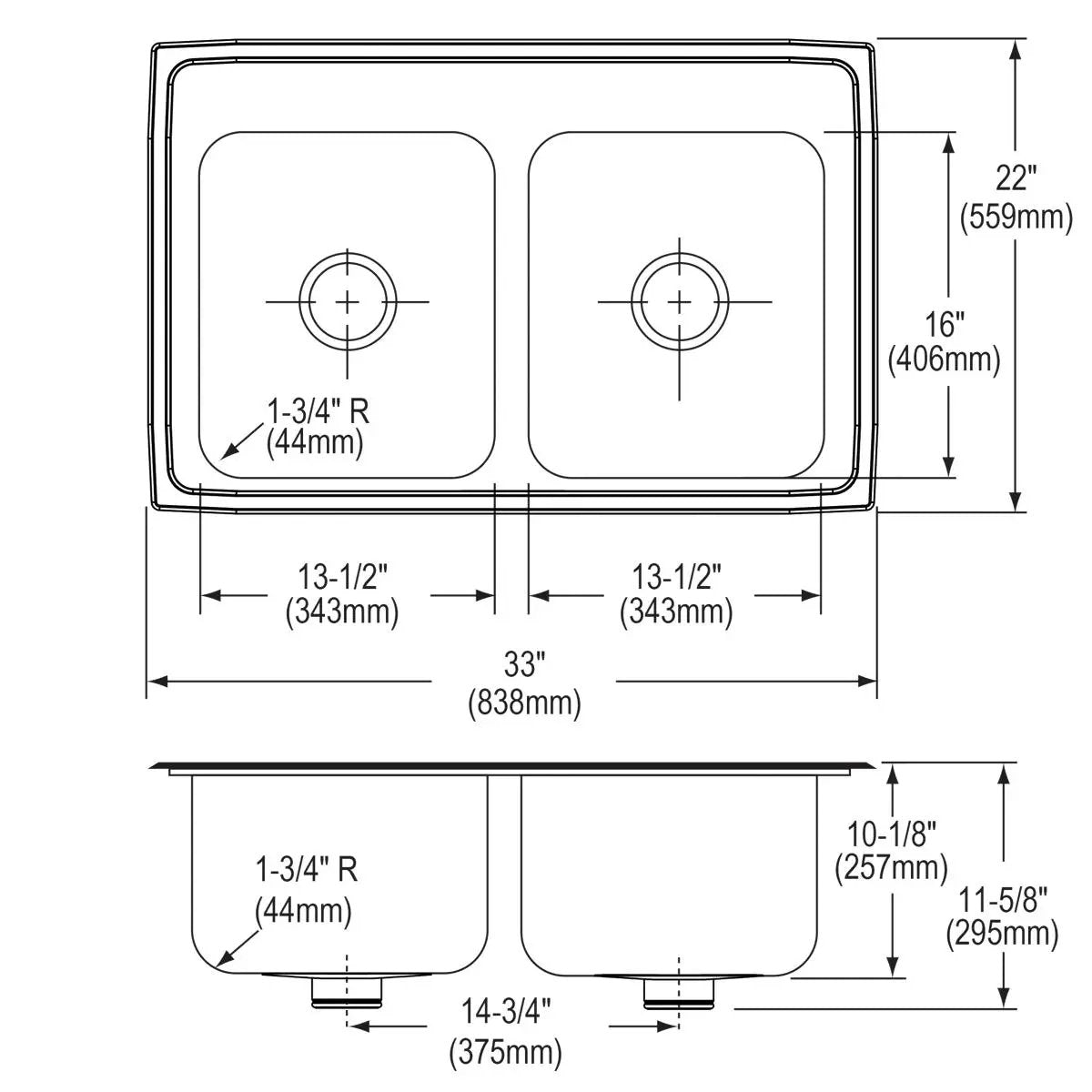 lustrous satin equal double bowl drop-in sink
