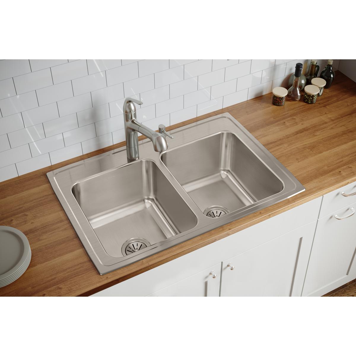 lustrous satin equal double bowl drop-in sink