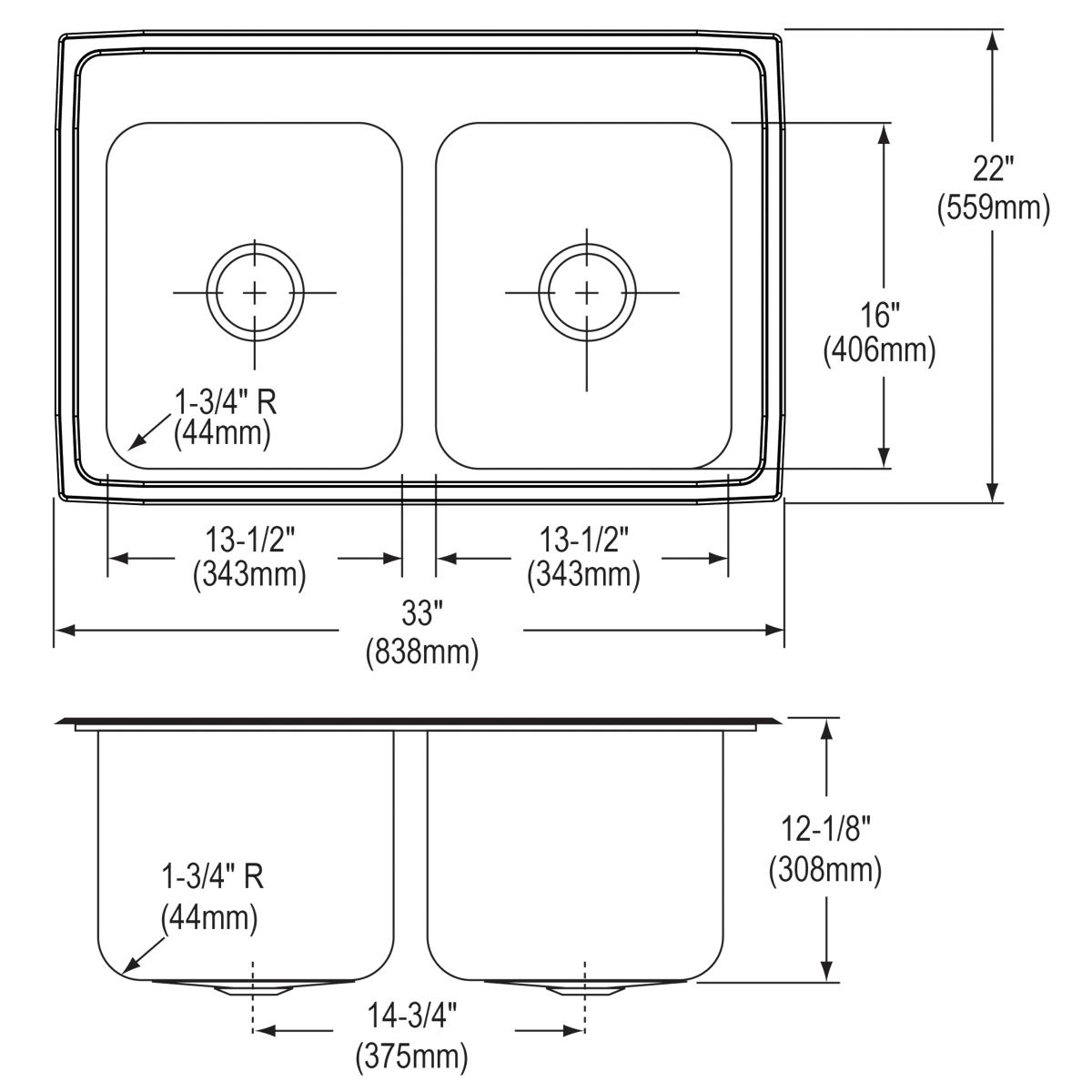 lustrous satin equal double bowl drop-in sink