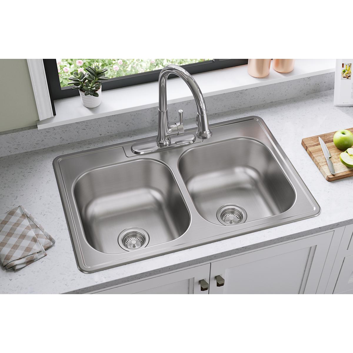 elite satin equal double bowl drop-in sink