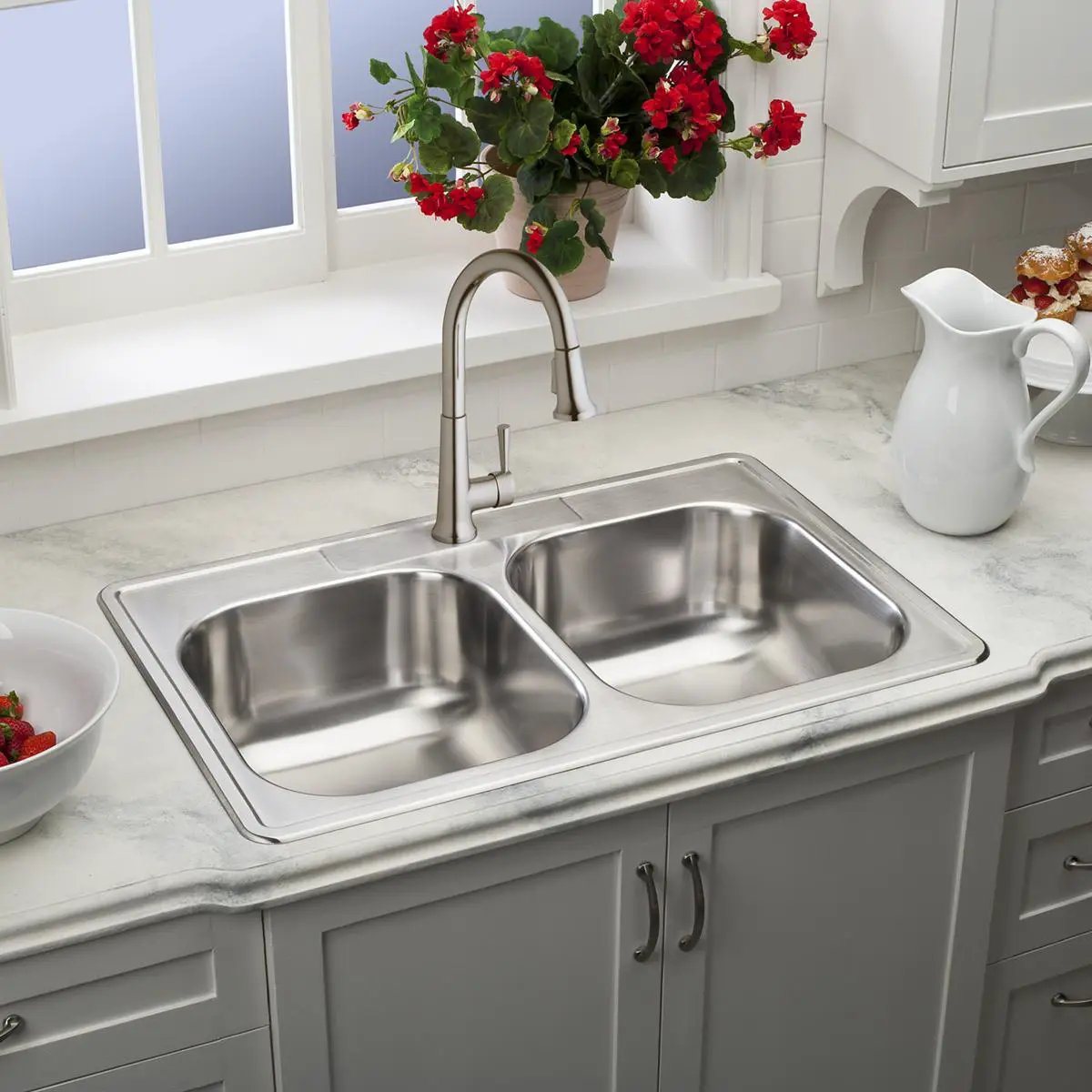 elite satin equal double bowl drop-in sink