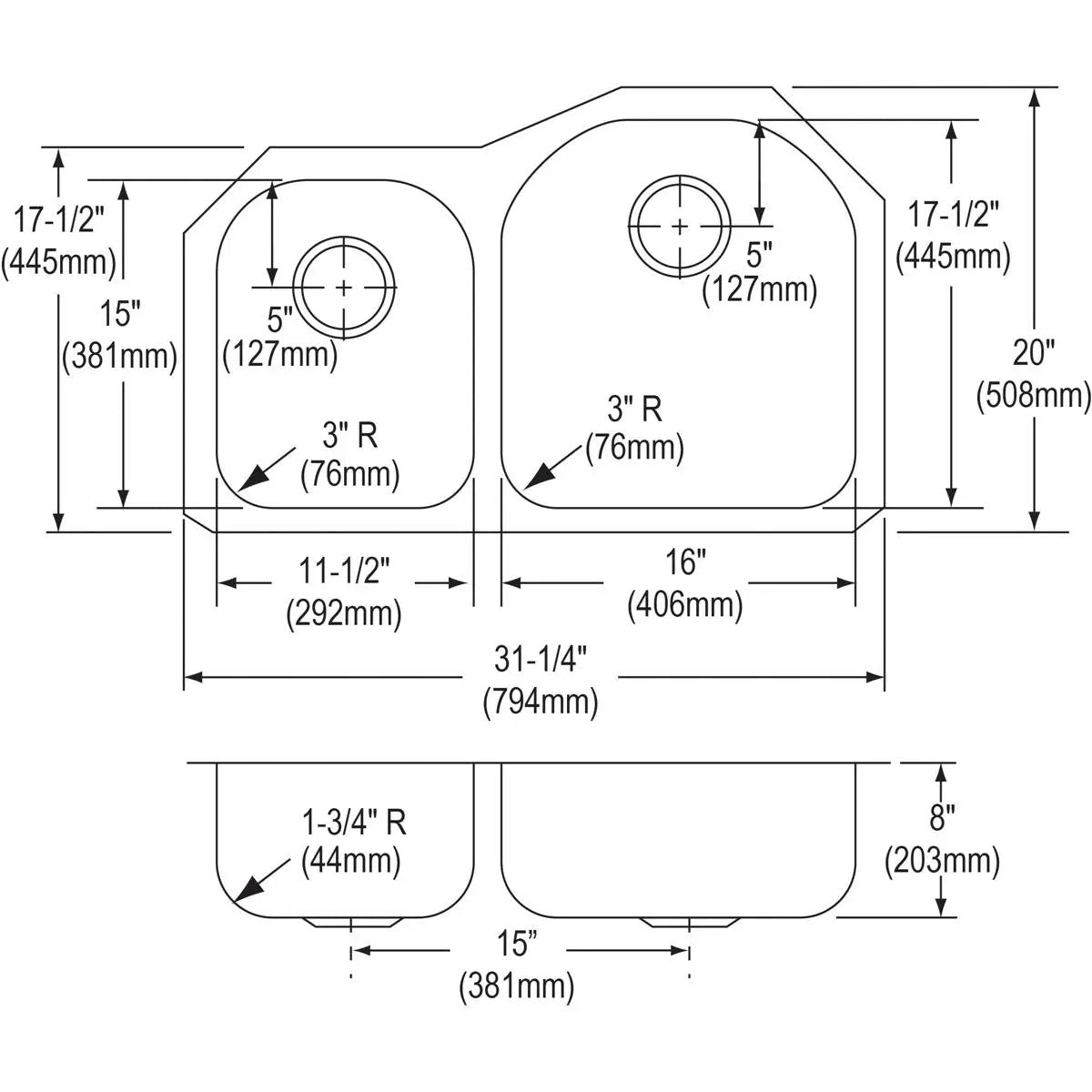 radiant satin double bowl undermount sink