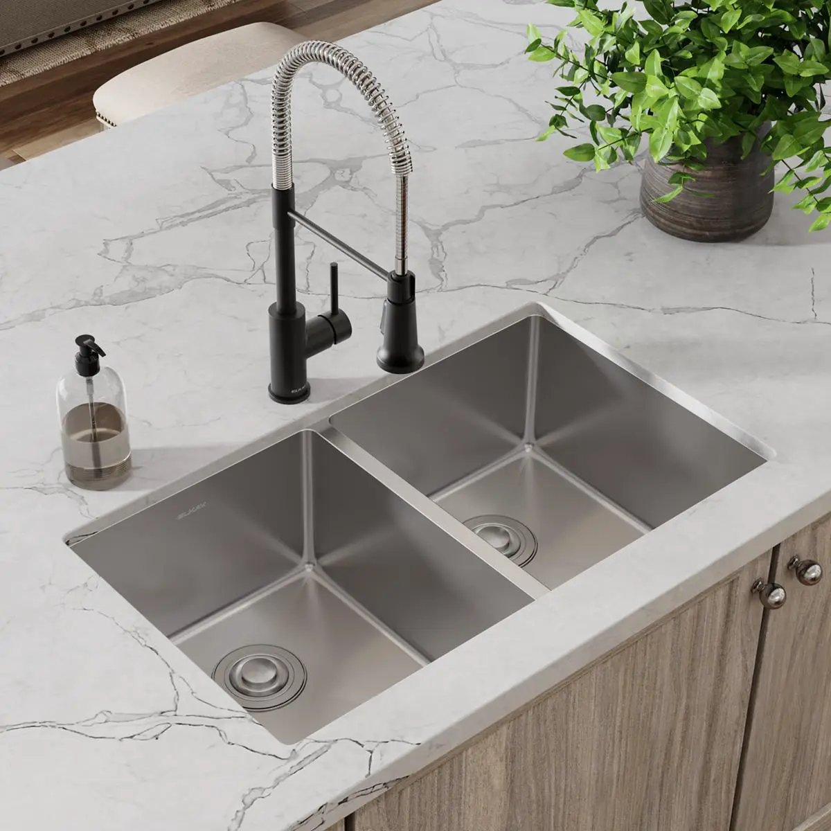 polished satin equal double bowl undermount sink