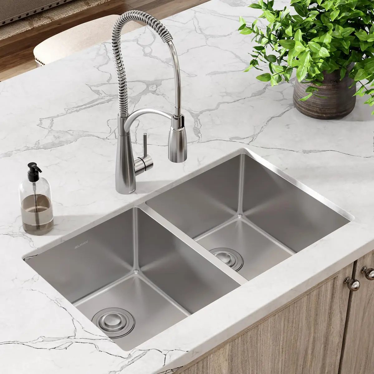 polished satin equal double bowl undermount sink
