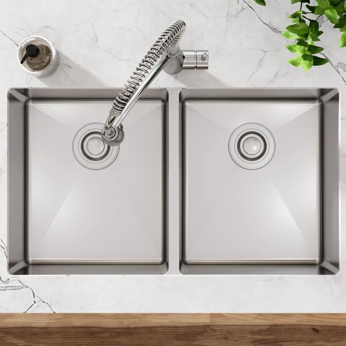 polished satin equal double bowl undermount sink