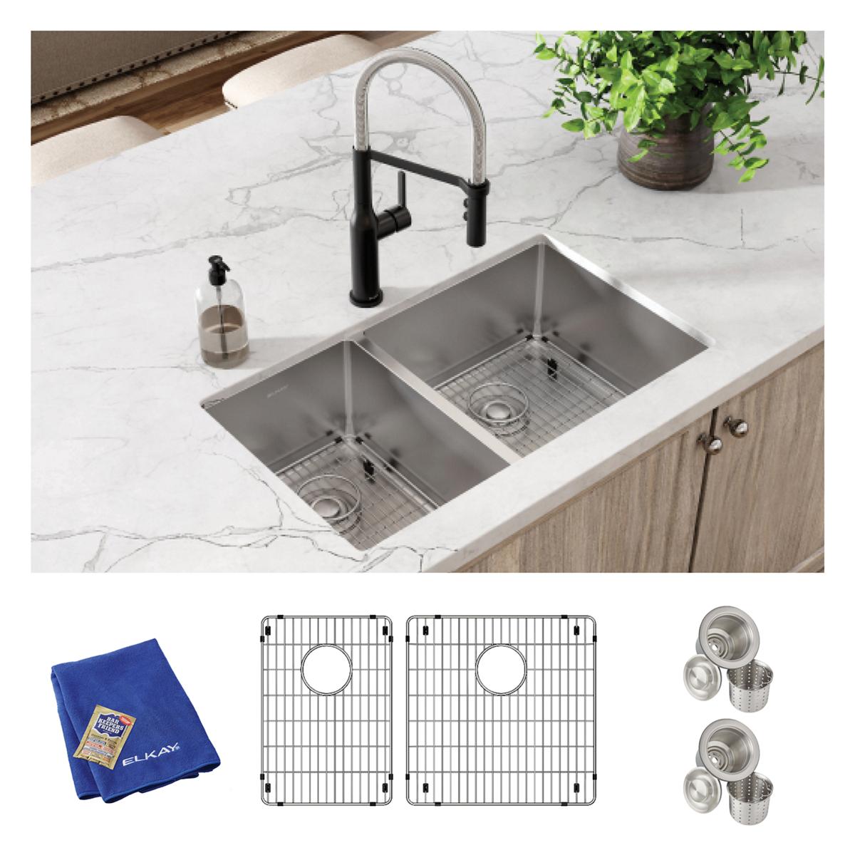 polished satin double bowl undermount sink kit