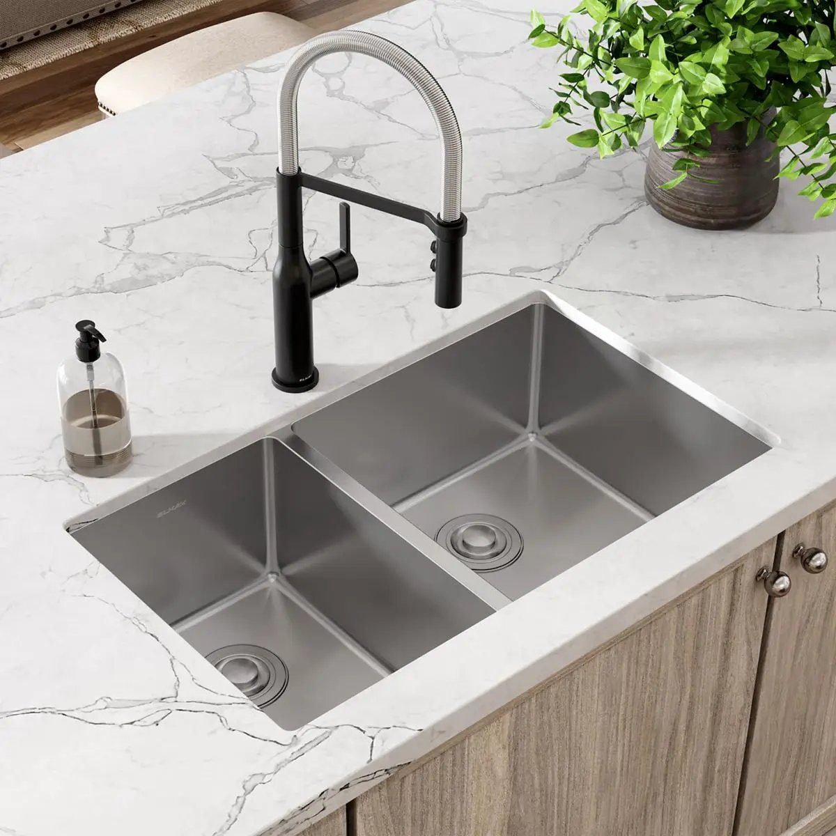 polished satin double bowl undermount sink