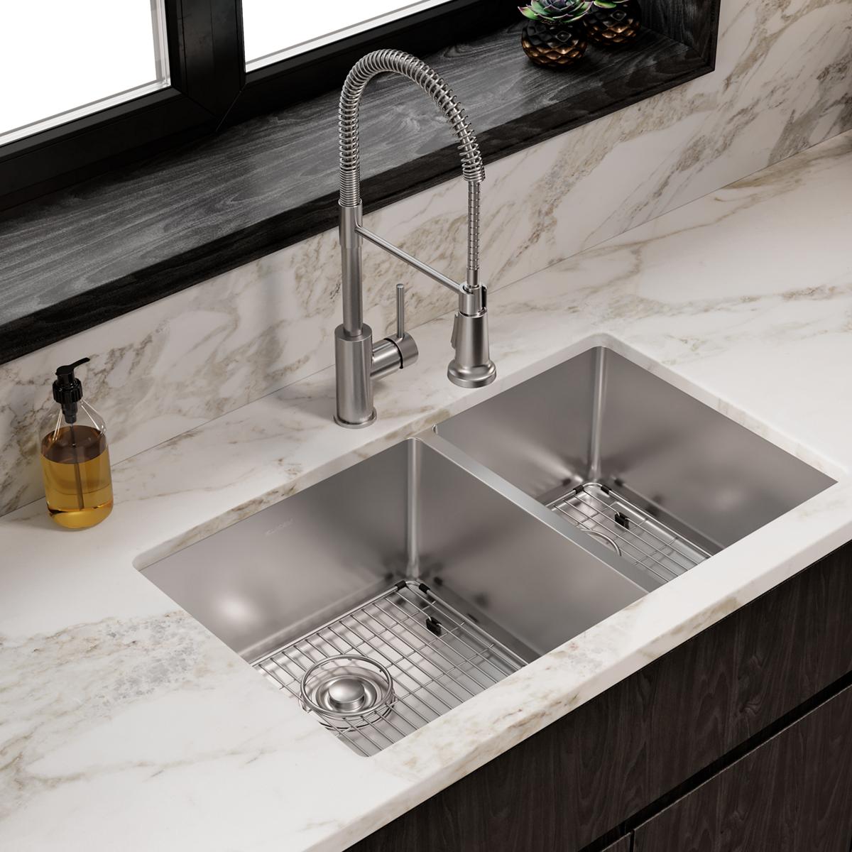 polished satin double bowl undermount sink kit