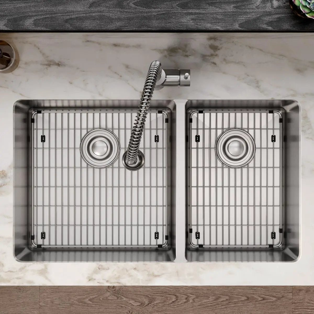 polished satin double bowl undermount sink kit