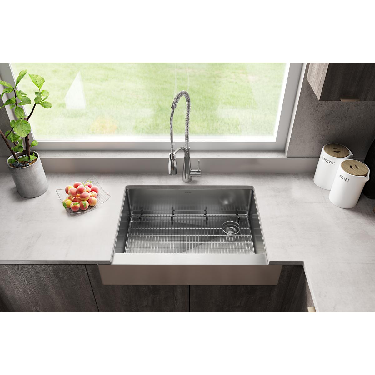 polished satin single bowl farmhouse sink kit