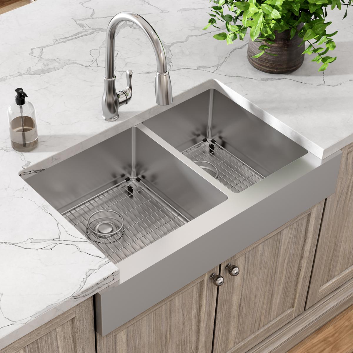 polished satin double bowl farmhouse sink kit