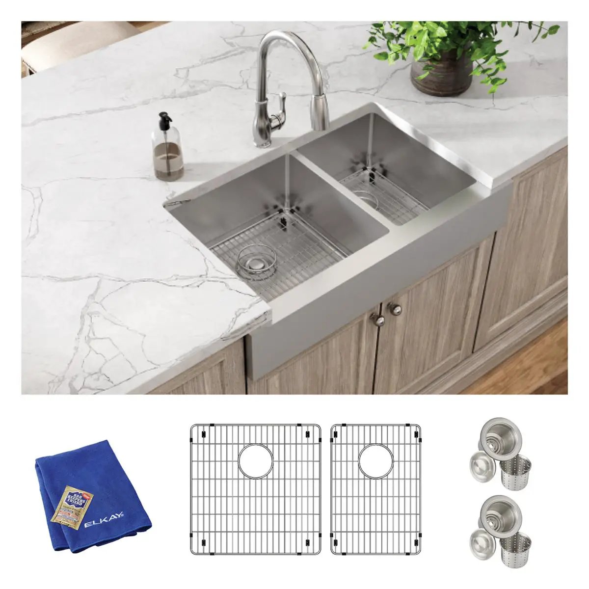 polished satin double bowl farmhouse sink kit
