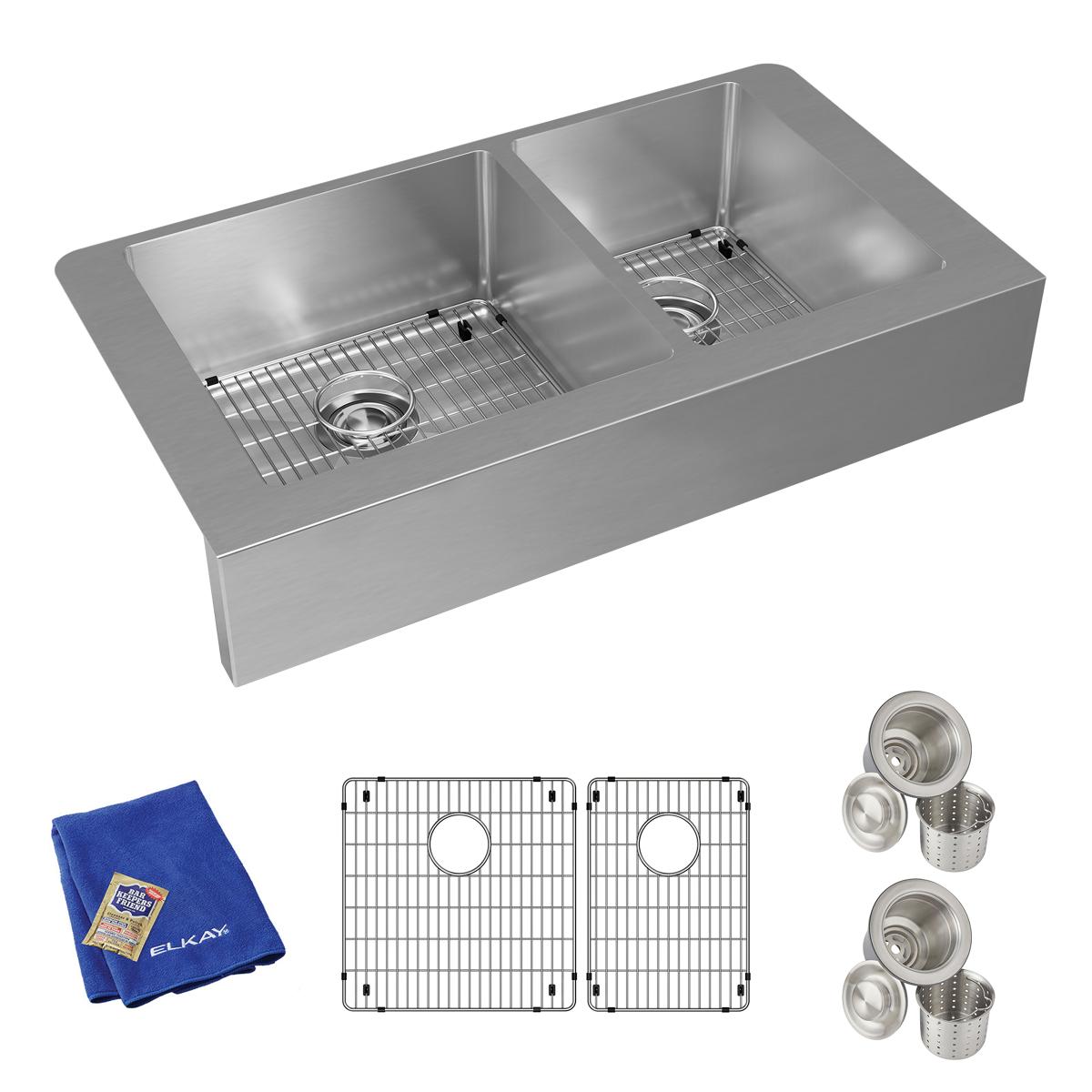 polished satin double bowl farmhouse sink kit