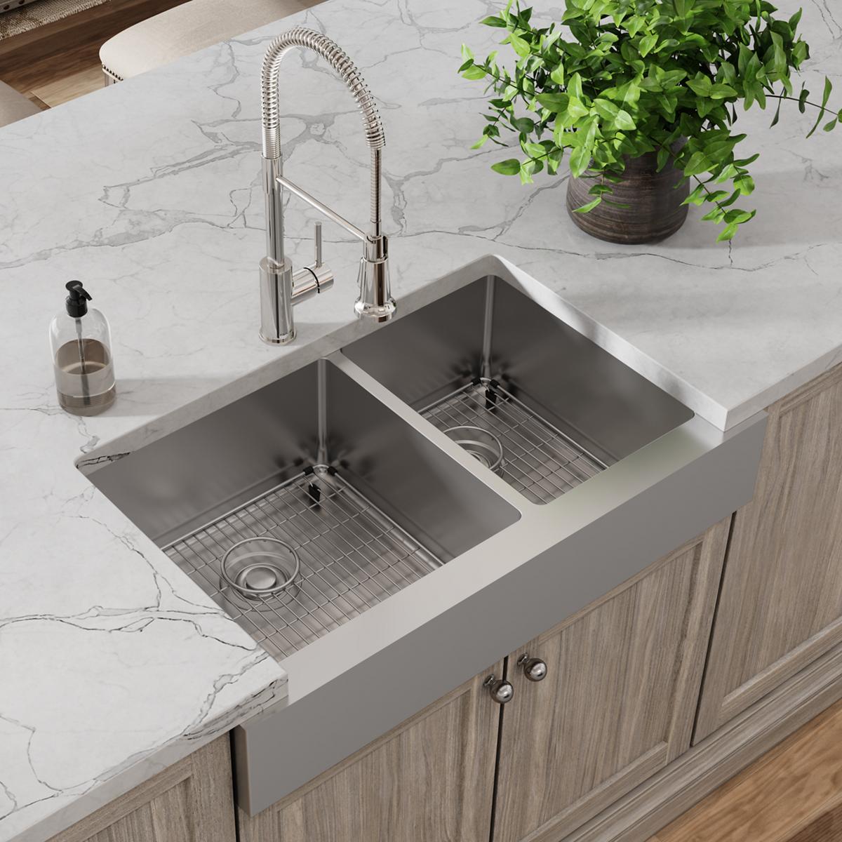 polished satin double bowl farmhouse sink