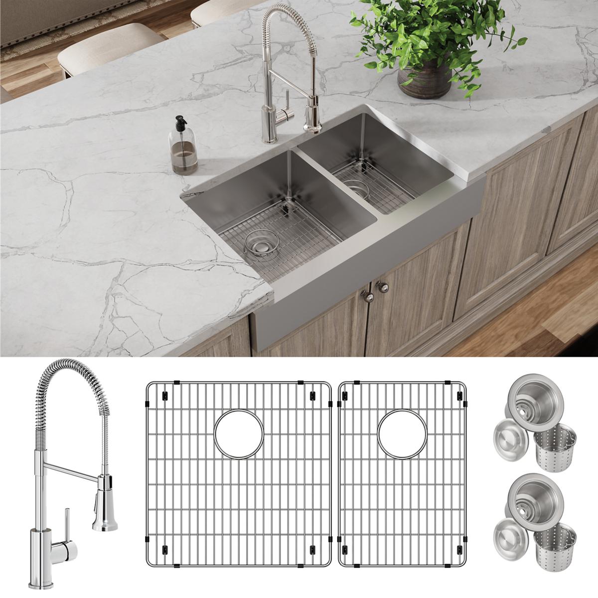 polished satin double bowl farmhouse sink