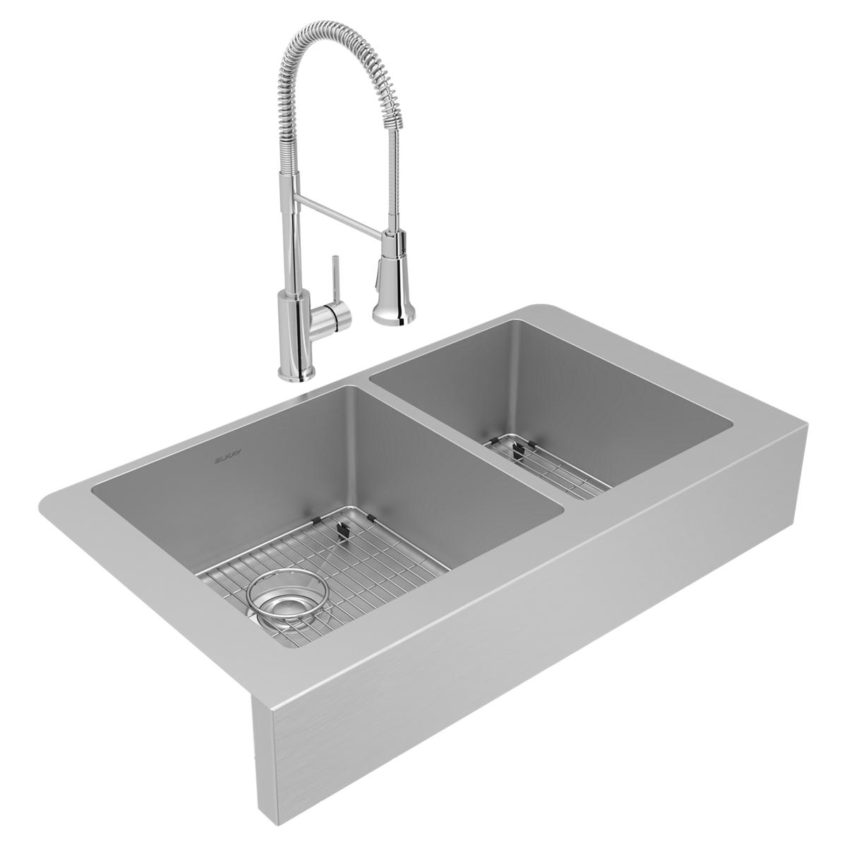polished satin double bowl farmhouse sink