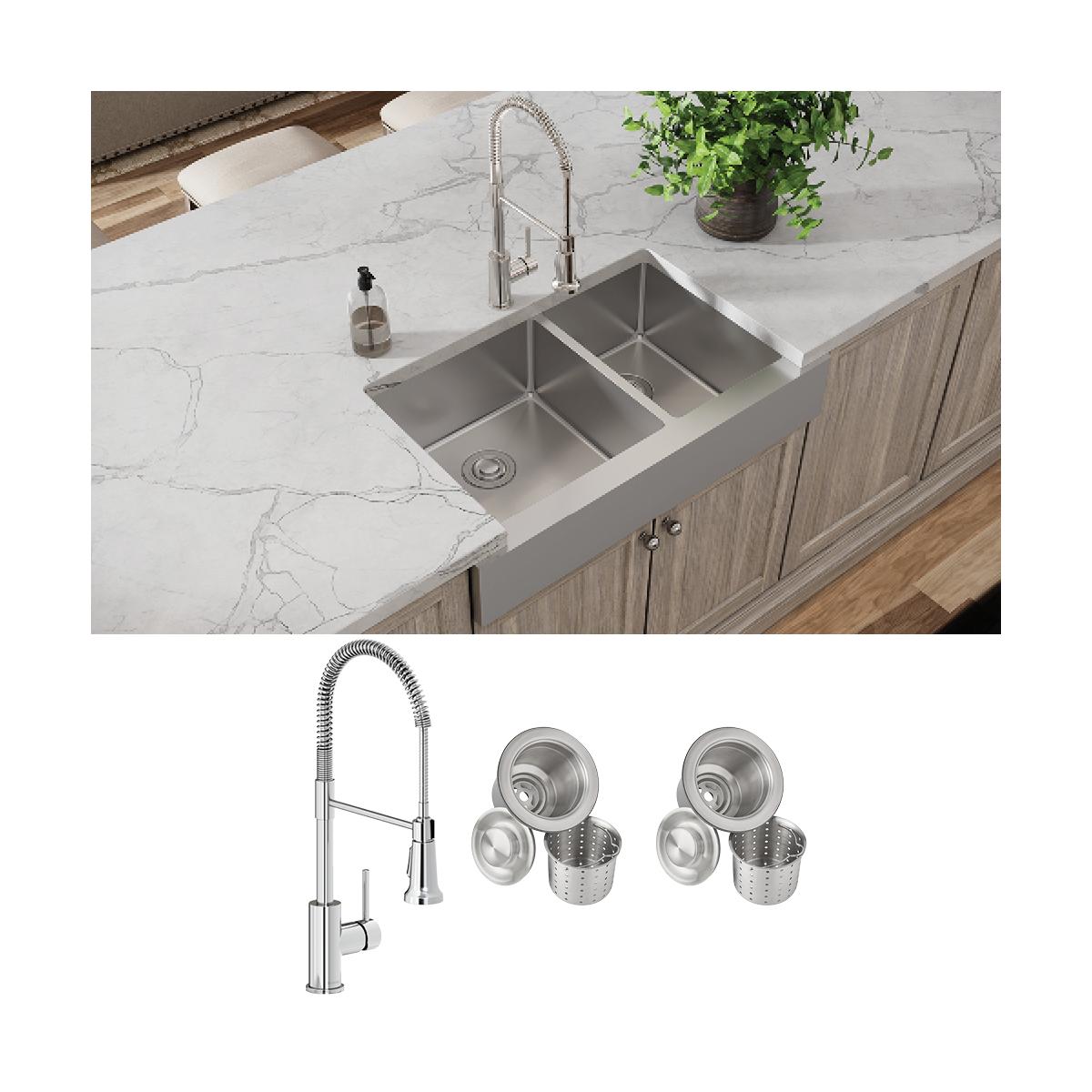 polished satin double bowl farmhouse sink