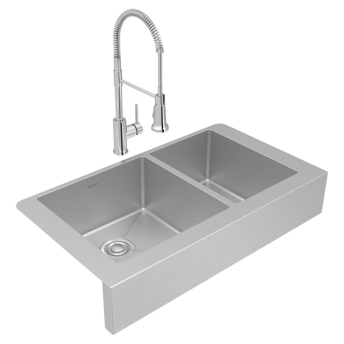 polished satin double bowl farmhouse sink