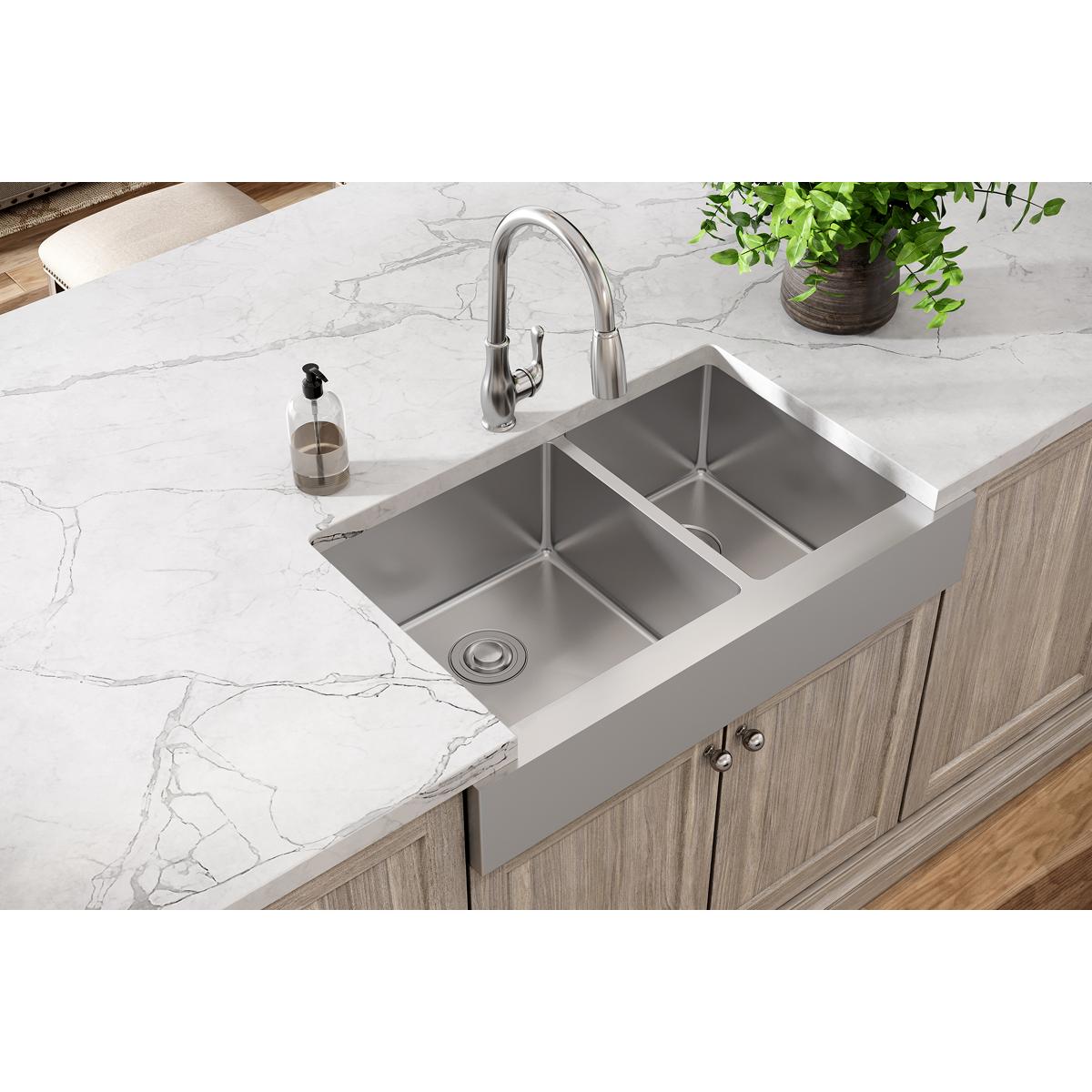 polished satin double bowl farmhouse sink