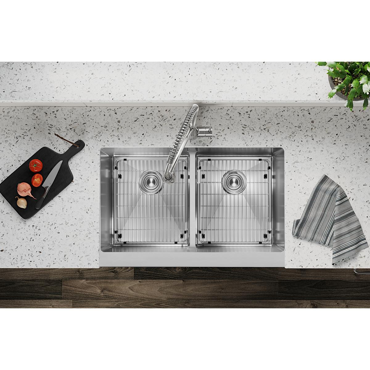 polished satin double bowl farmhouse sink kit