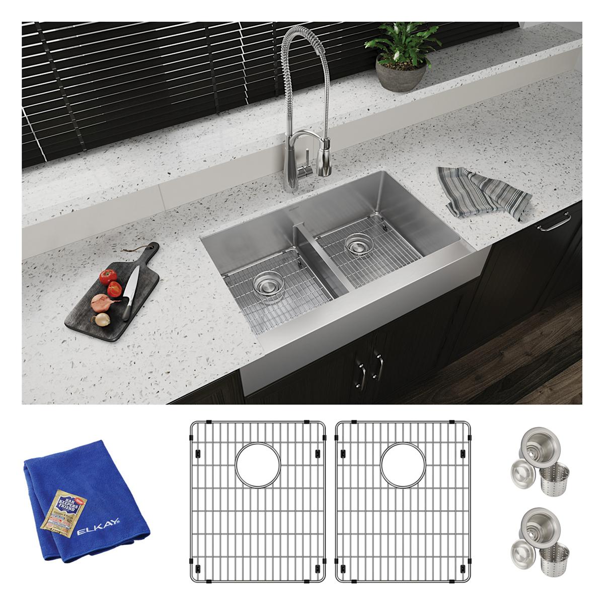 polished satin double bowl farmhouse sink kit