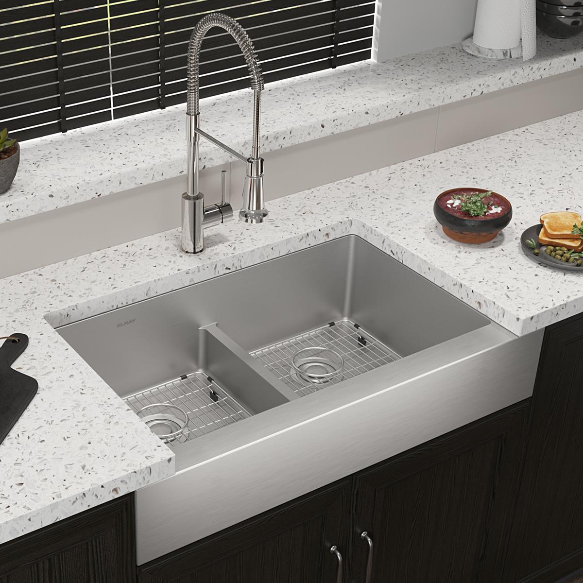 polished satin double bowl farmhouse sink