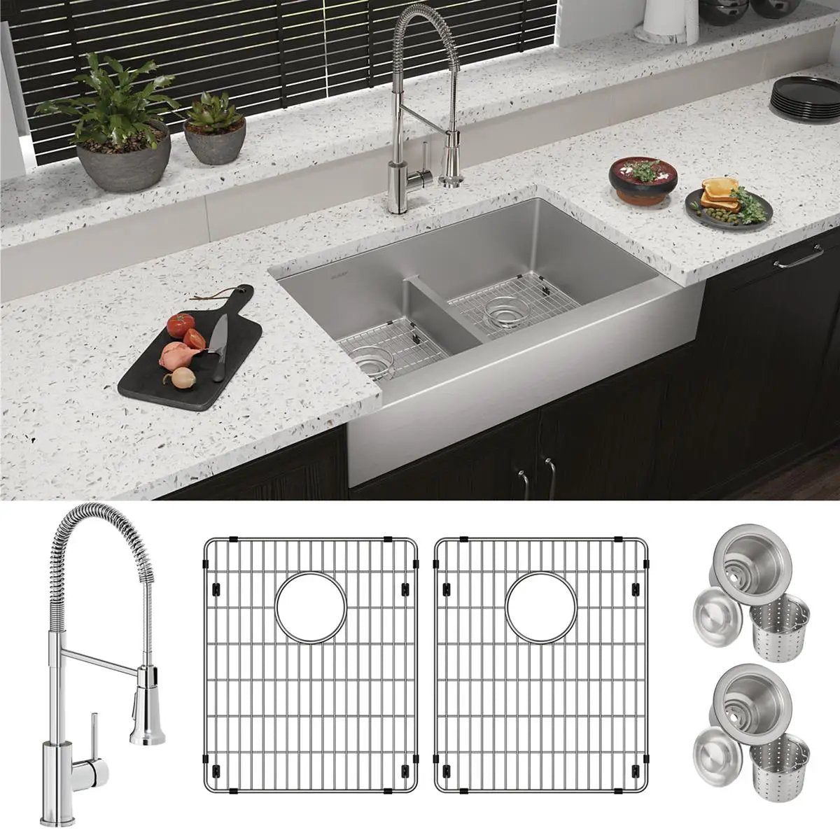 polished satin double bowl farmhouse sink