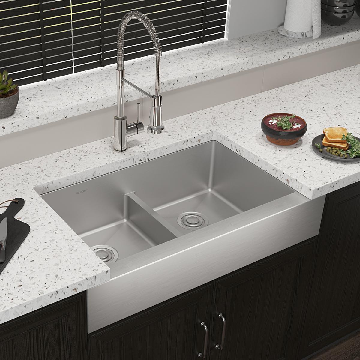 polished satin double bowl farmhouse sink