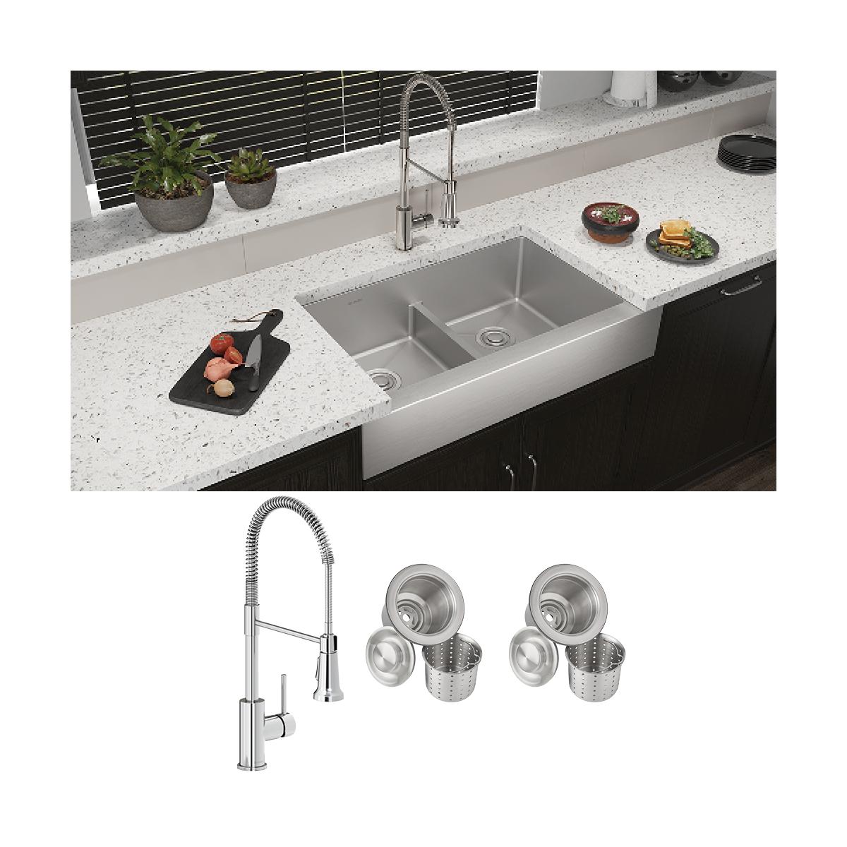polished satin double bowl farmhouse sink