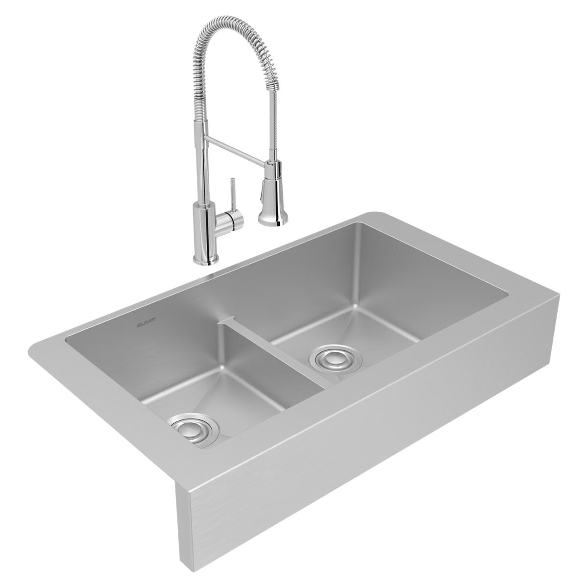 polished satin double bowl farmhouse sink