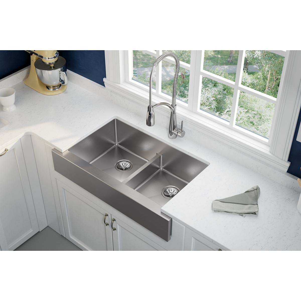 polished satin double bowl farmhouse sink