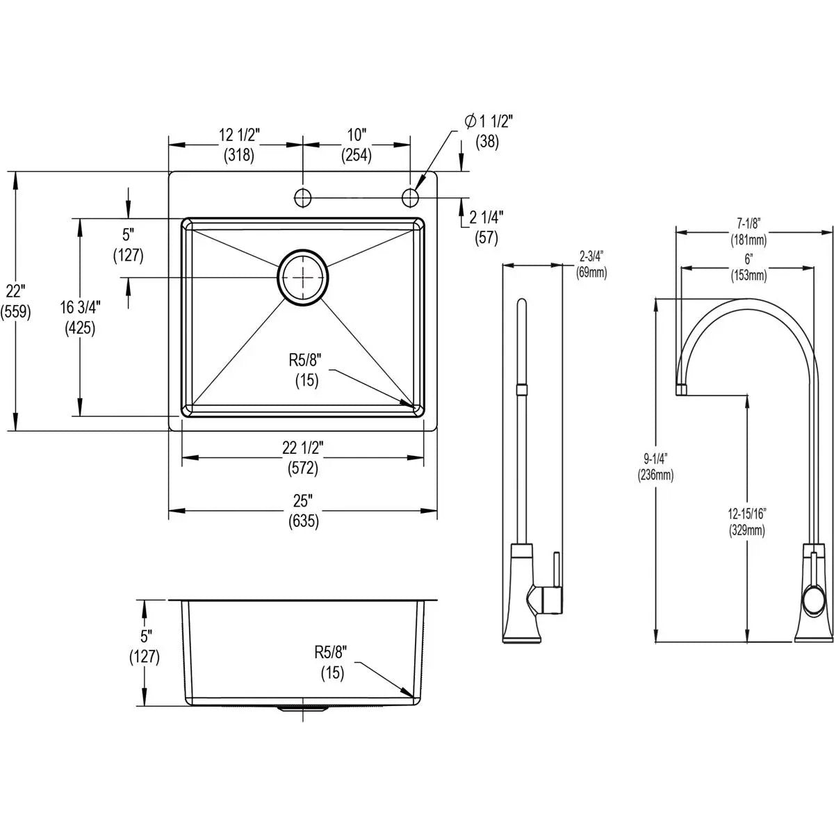 stainless steel single bowl dual mount sink kit