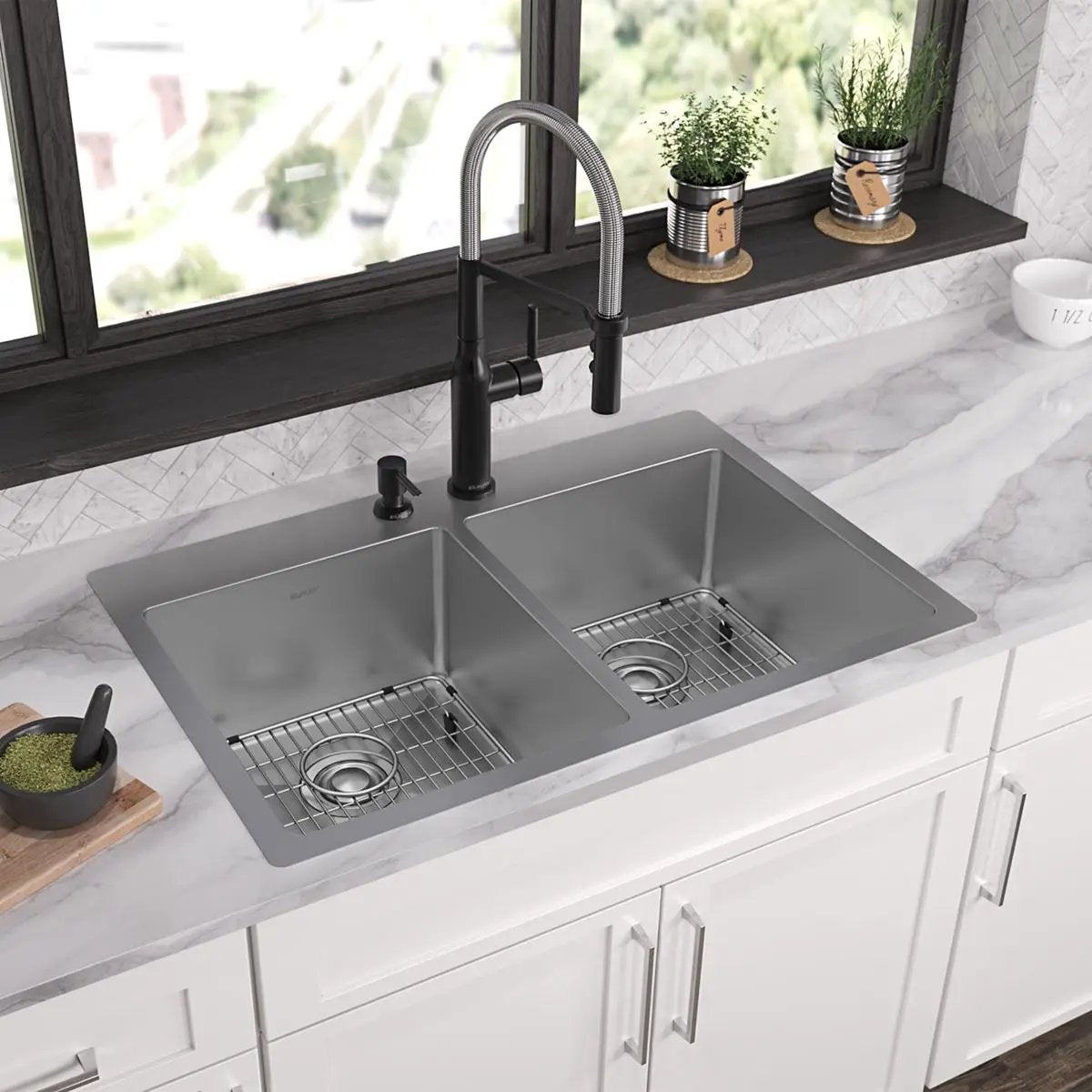 polished satin equal double bowl dual mount sink kit