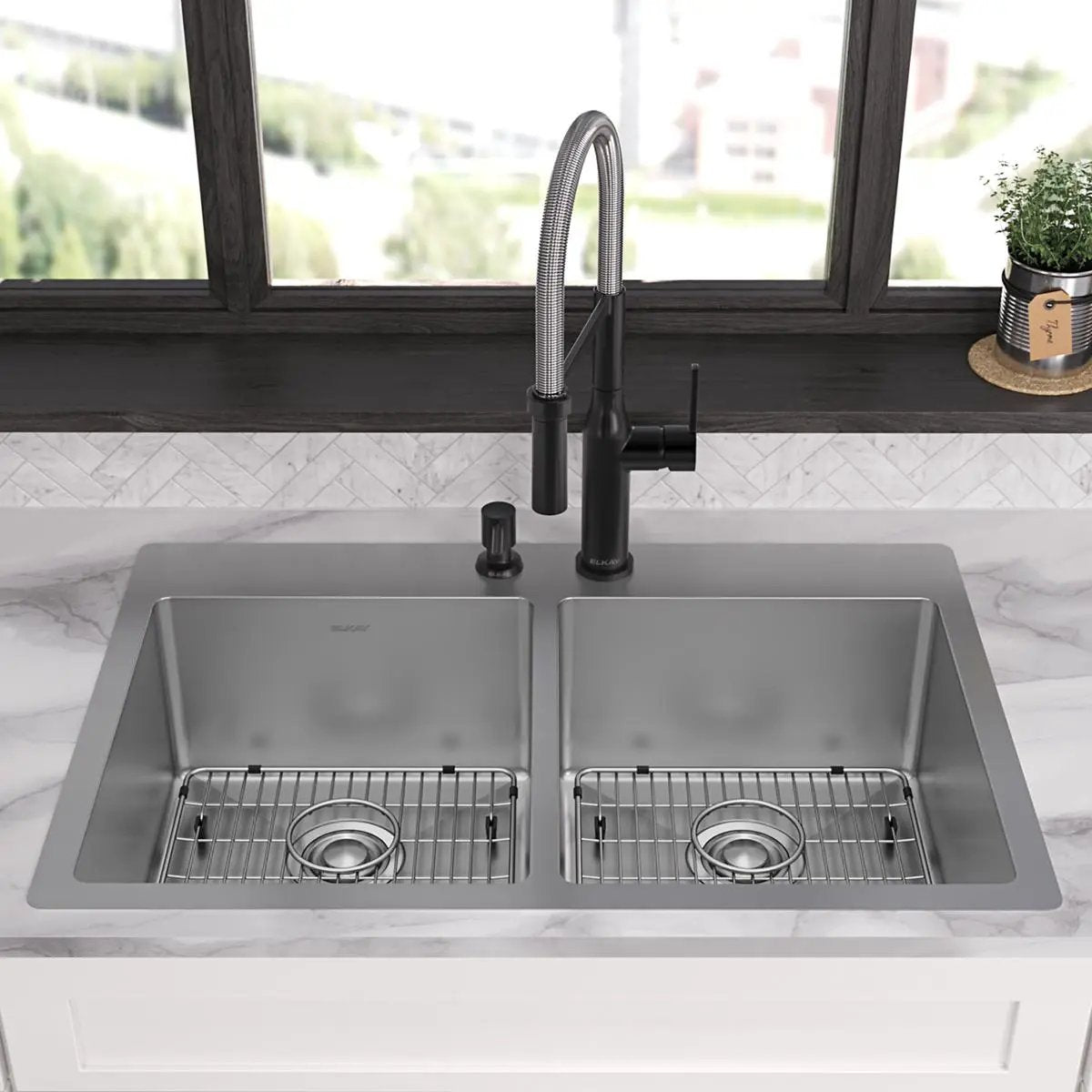 polished satin equal double bowl dual mount sink kit