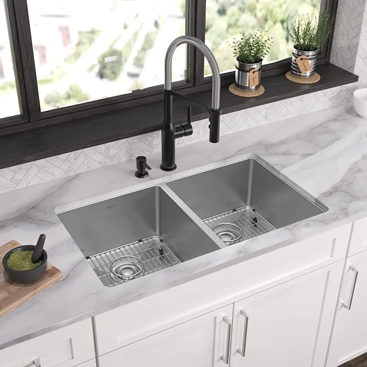 polished satin equal double bowl dual mount sink kit