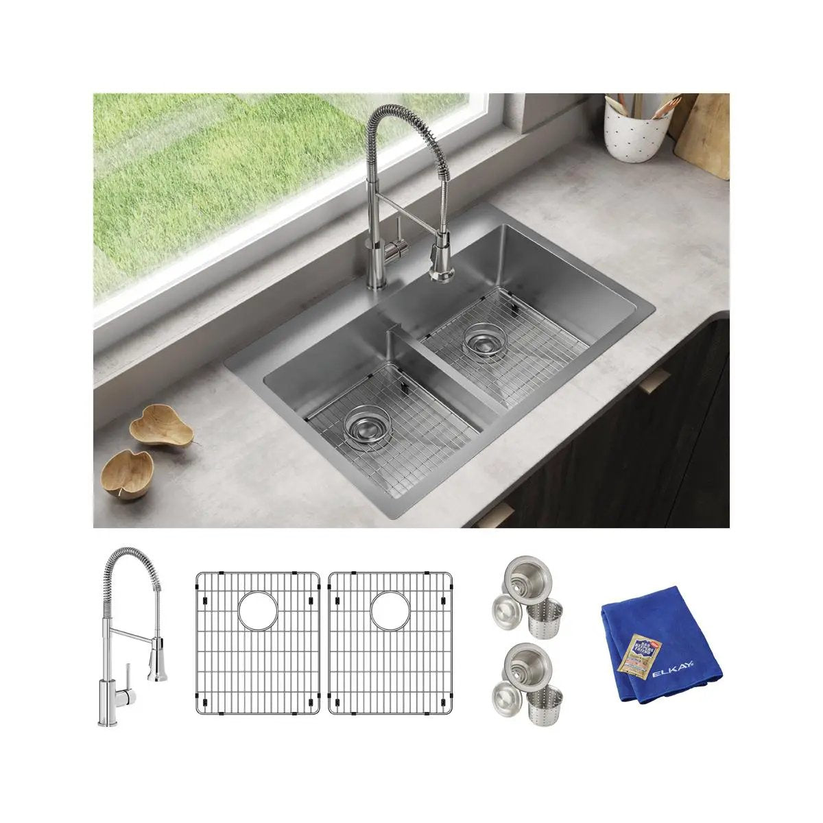 polished satin equal double bowl dual mount sink kit
