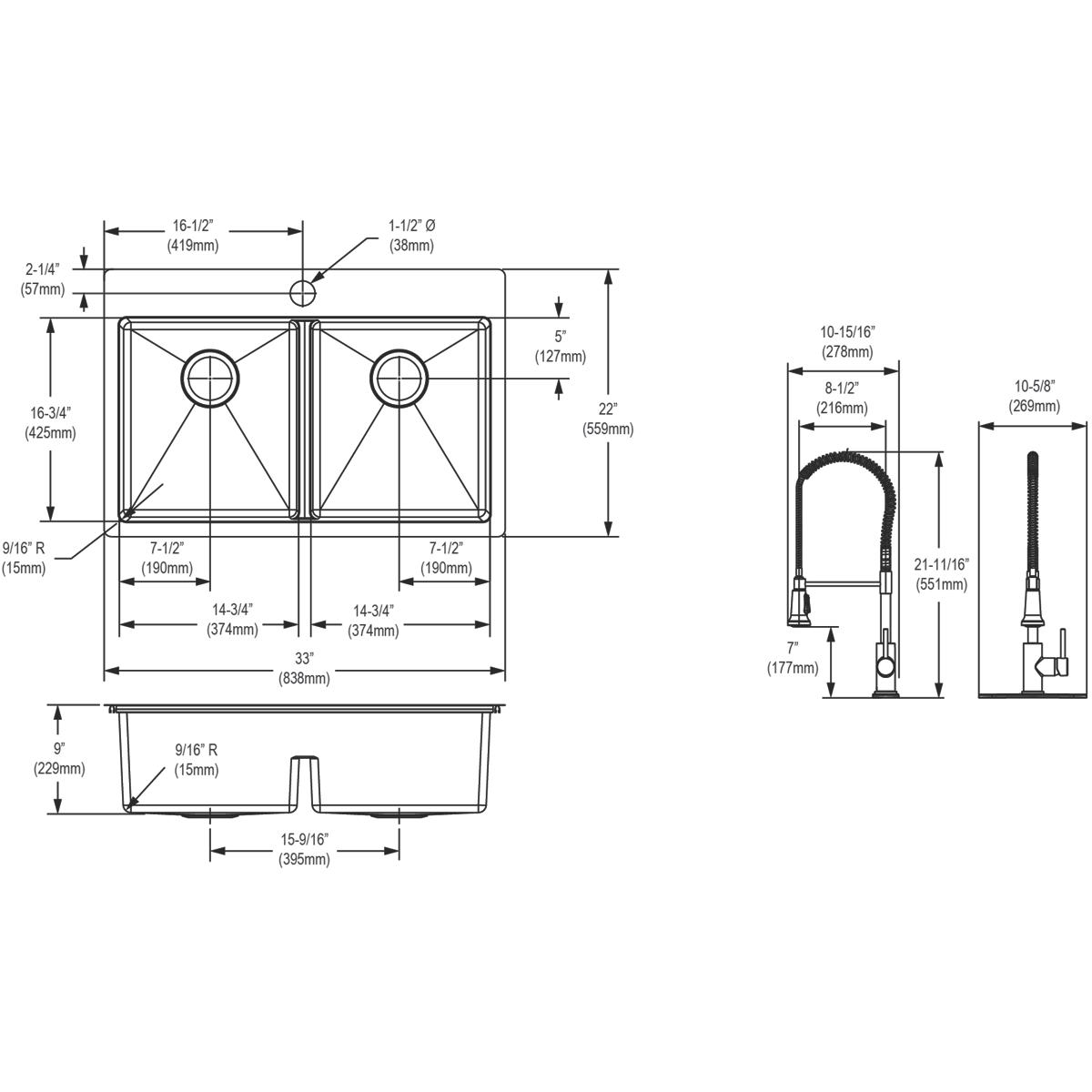 polished satin equal double bowl dual mount sink kit