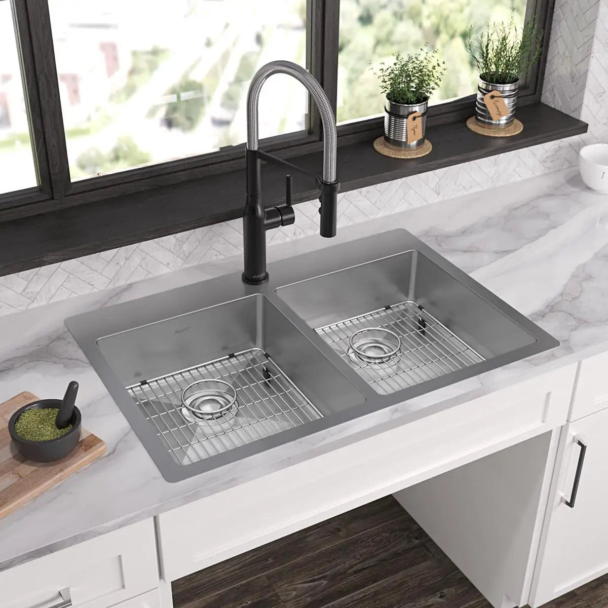polished satin equal double bowl dual mount ada sink kit