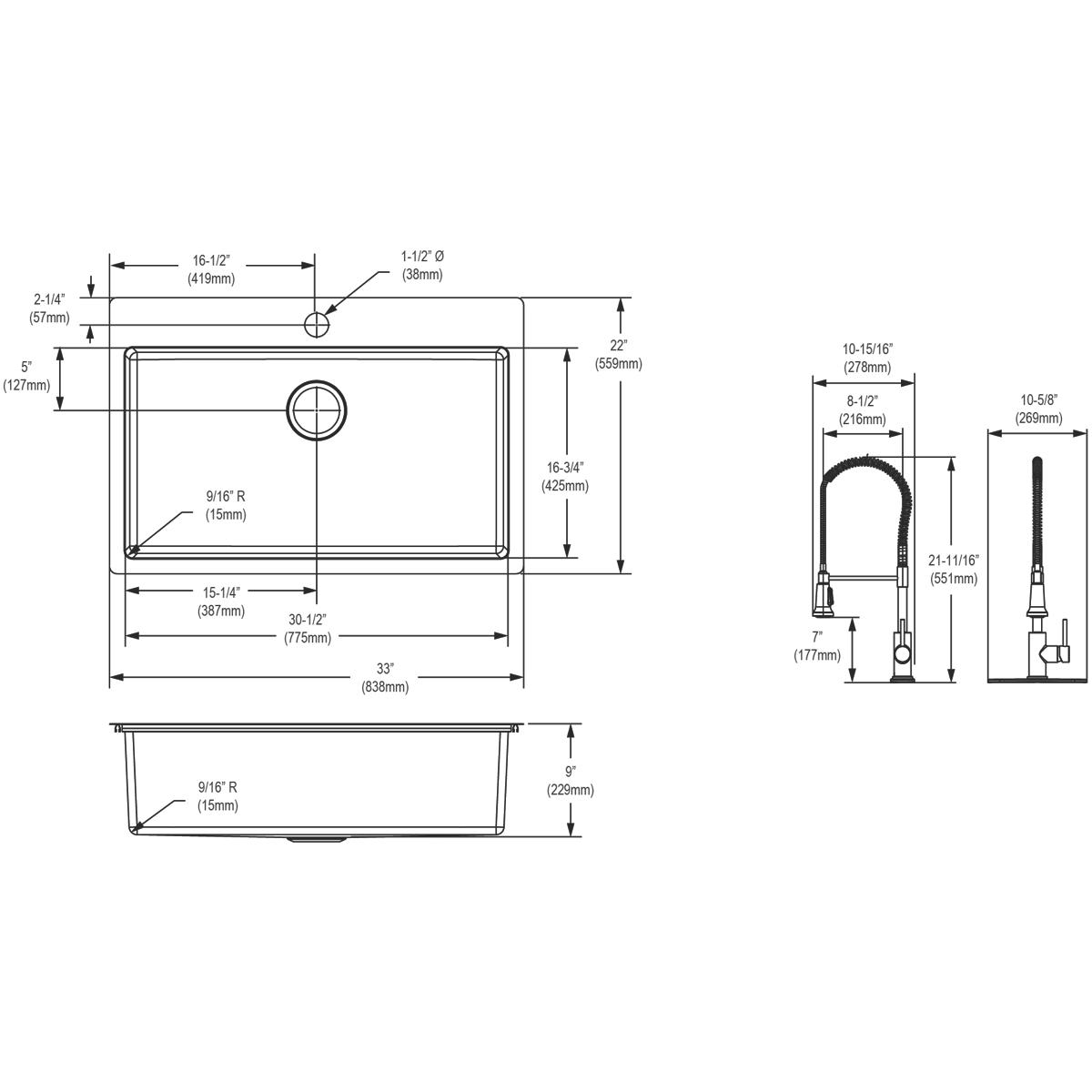polished satin single bowl dual mount sink kit