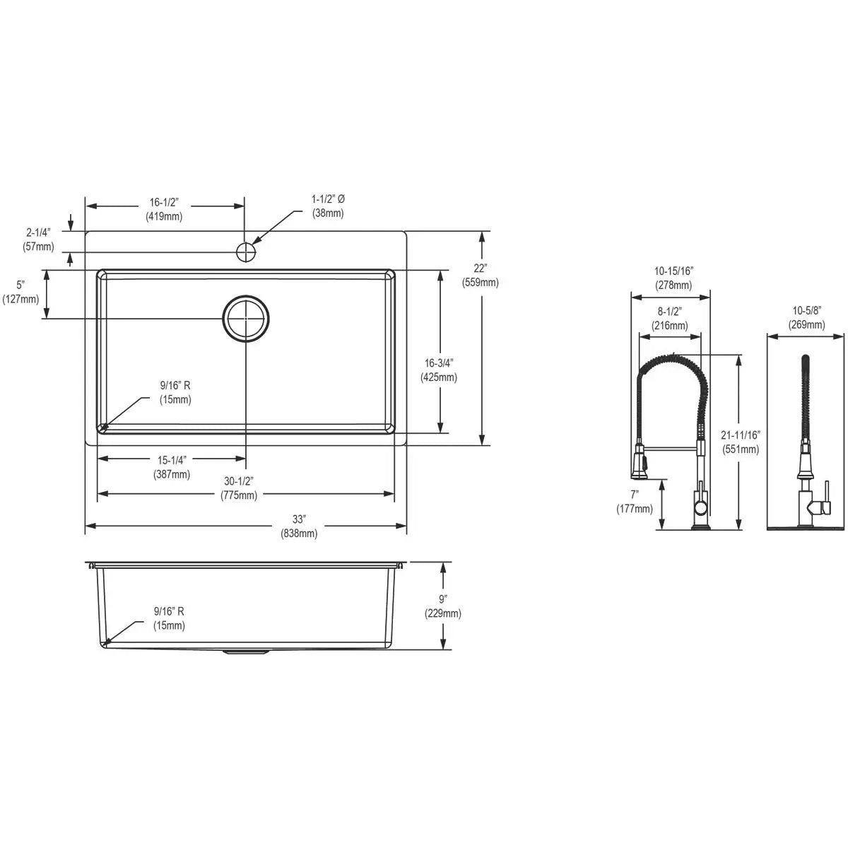 polished satin single bowl dual mount sink kit