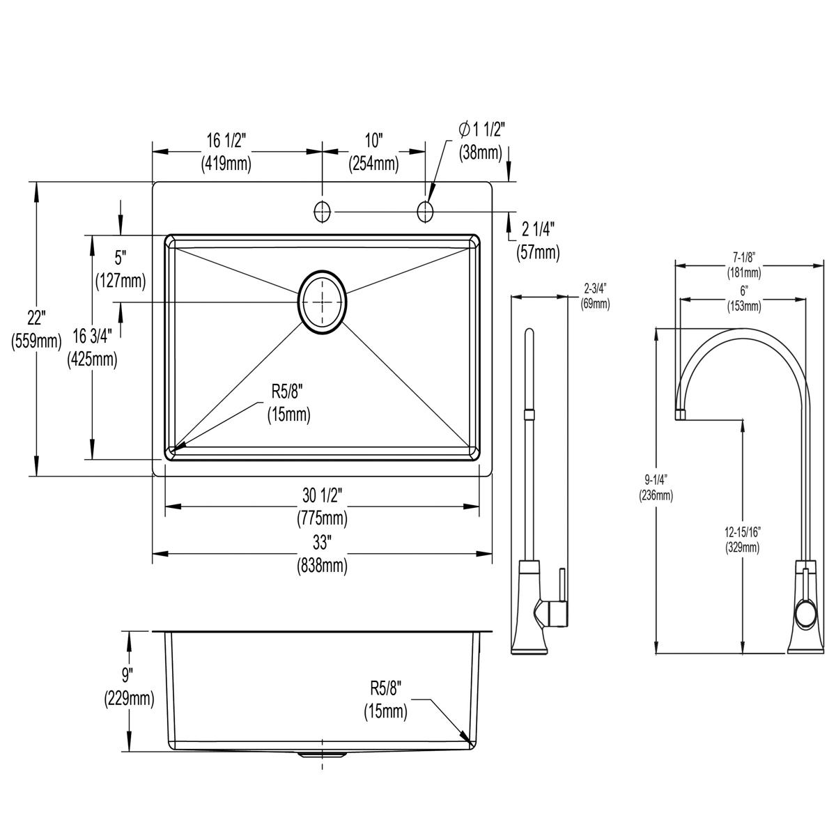 stainless steel single bowl dual mount sink kit